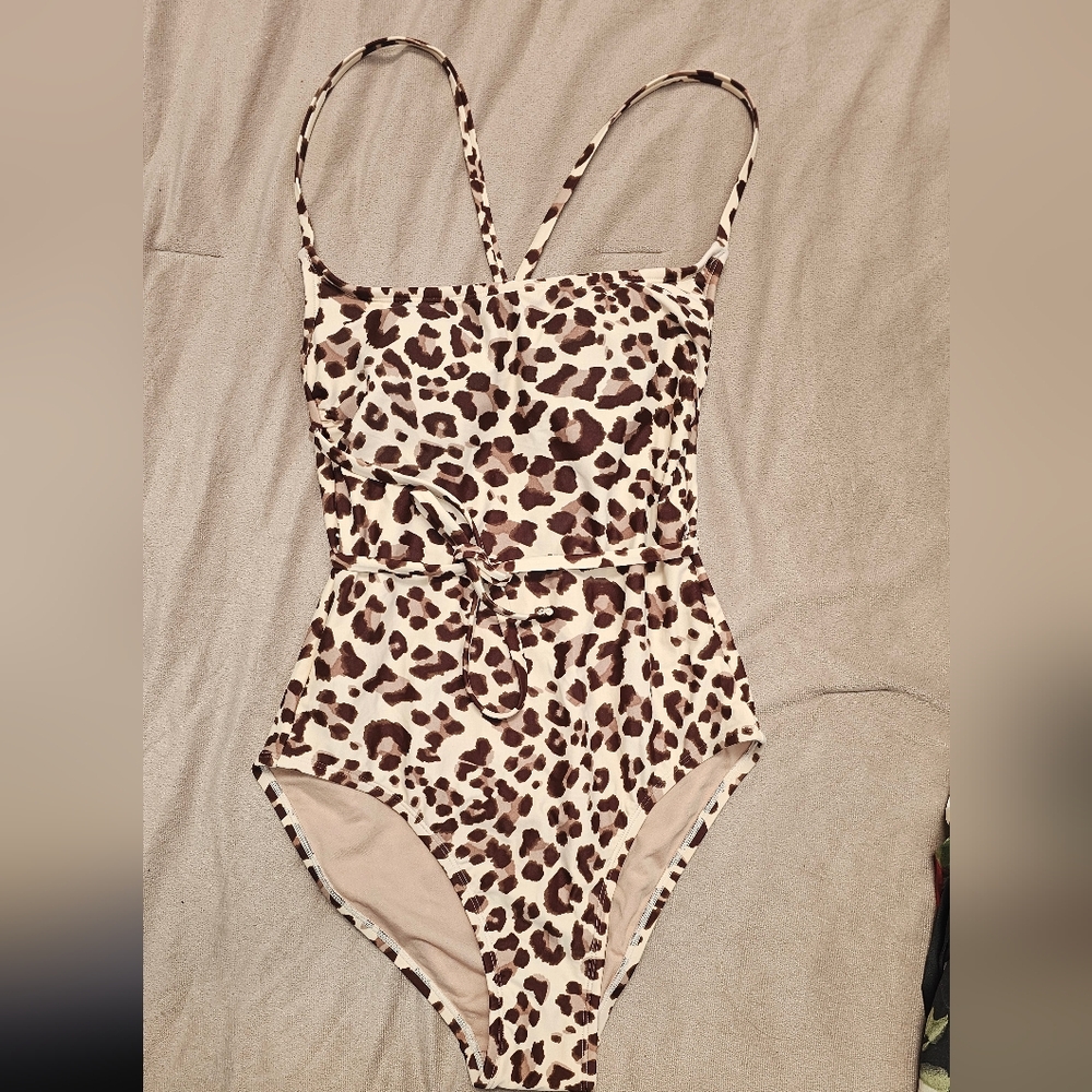 Kona Sol Brown Leopard Print One Piece Swimsuit..